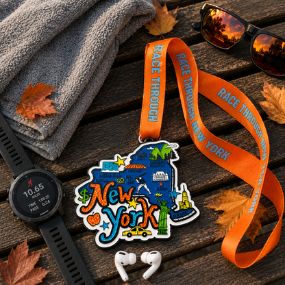 Virtualrunevent Race Through New York medal with colorful design, featuring city skyline and race details for 5K, 10K, and marathon challenges.