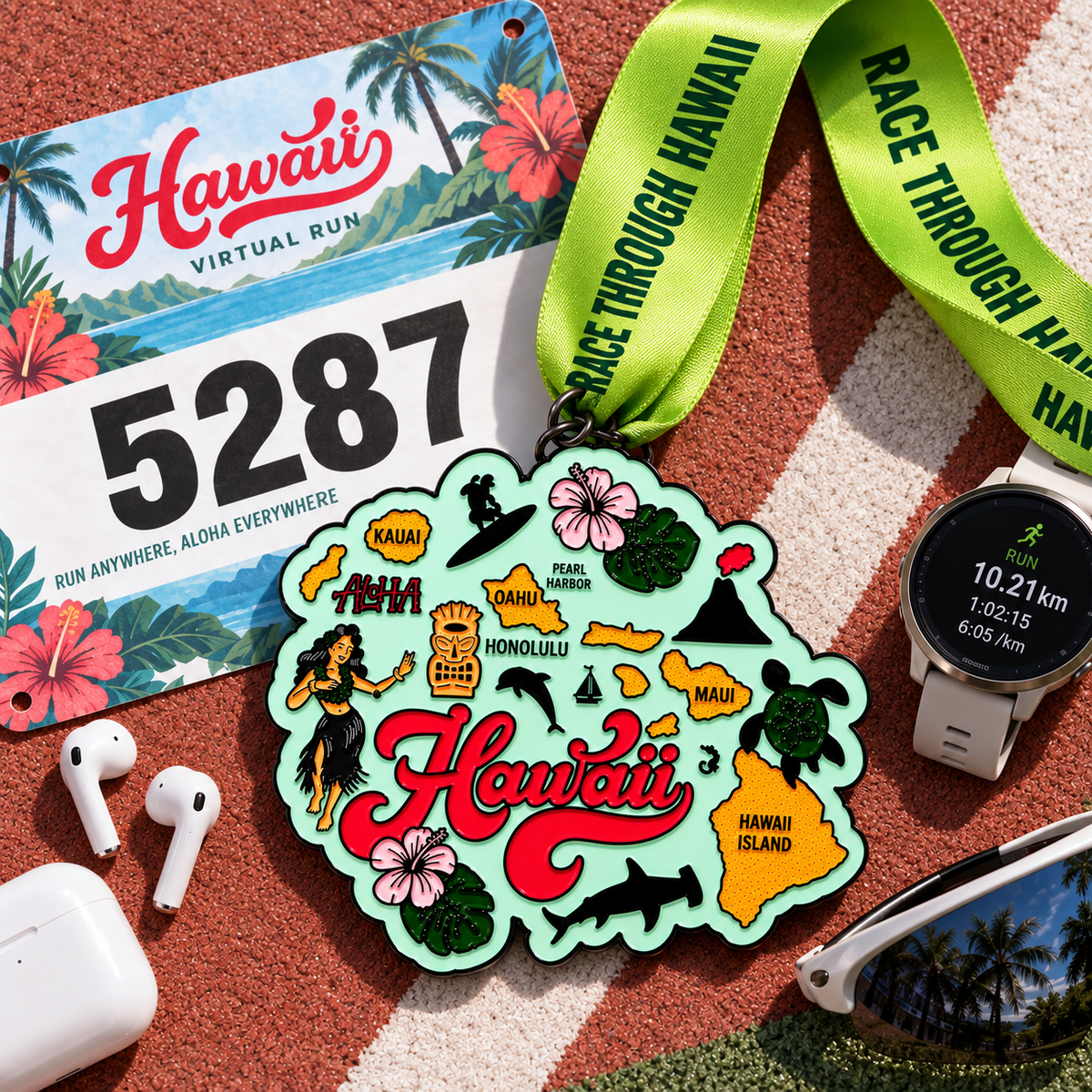 Virtualrunevent Race Through Hawaii medal featuring a tropical design, symbolizing the 5K, 10K, Half Marathon, and 50 Mile Challenge.