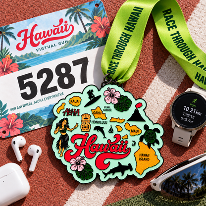 Virtualrunevent Race Through Hawaii medal featuring a tropical design, symbolizing the 5K, 10K, Half Marathon, and 50 Mile Challenge.