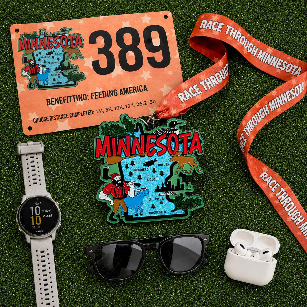 Virtualrunevent Minnesota race medal for 5K, 10K, half marathon, and 50-mile challenge, displayed flat with race bib.