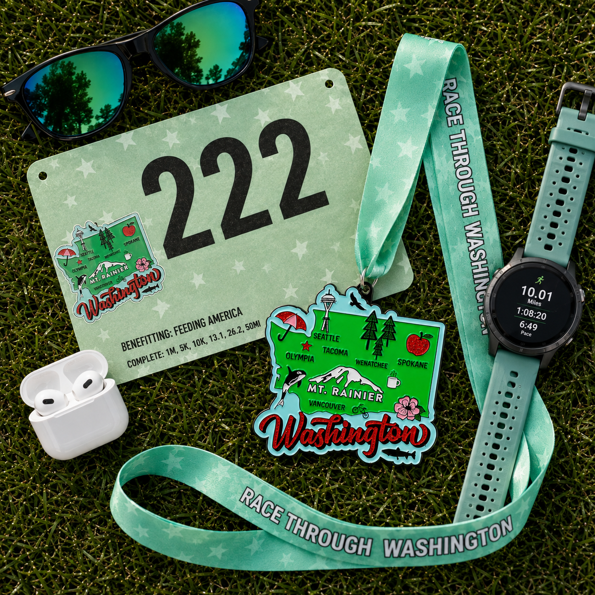 Virtualrunevent Race Through Washington 5K, 10K, Half Marathon medal with race bib and event branding in flat lay.