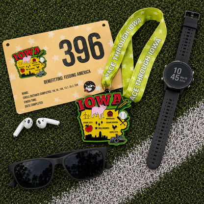 Silver medal featuring "Race Through Iowa Virtual Race" text and logo, designed for 5K, 10K, Half Marathon, and 50 Mile Challenge.
