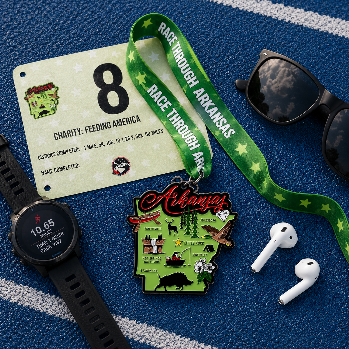 Virtualrunevent Race Through Arkansas medal for 5K, 10K, Half Marathon, and 50 Mile Challenge, shown flat with colorful design.
