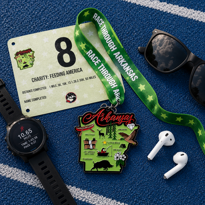 Virtualrunevent Race Through Arkansas medal for 5K, 10K, Half Marathon, and 50 Mile Challenge, shown flat with colorful design.