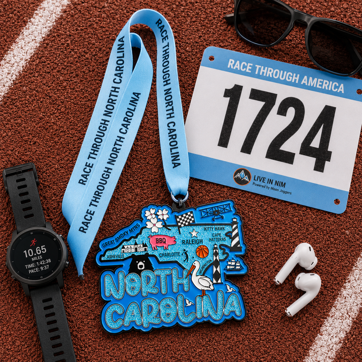Virtualrunevent North Carolina race medal laid flat with race bib, celebrating 5K, 10K, half marathon, and 50-mile challenge.
