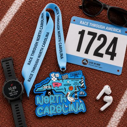 Virtualrunevent North Carolina race medal laid flat with race bib, celebrating 5K, 10K, half marathon, and 50-mile challenge.