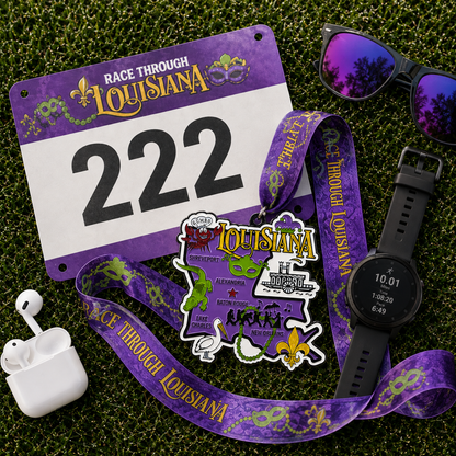 Virtualrunevent Race Through Louisiana medal with colorful design, featuring text and imagery representing Louisiana landmarks and race distances.