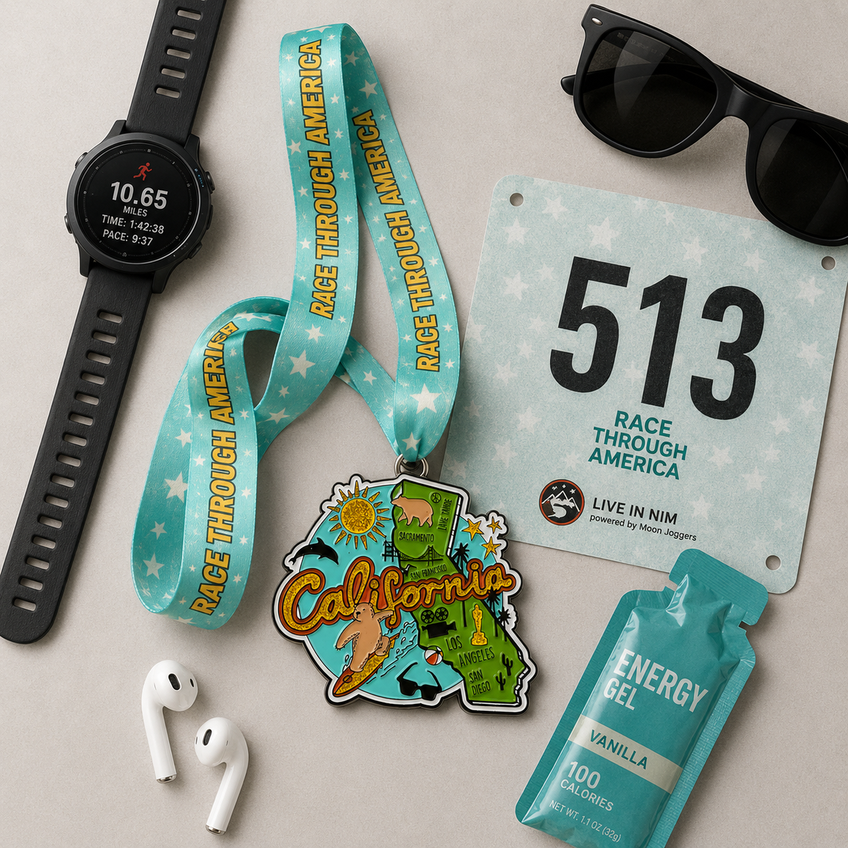 Virtualrunevent Race Through California medal featuring a colorful design and engraved text for 5K, 10K, half marathon, and 50-mile challenge.
