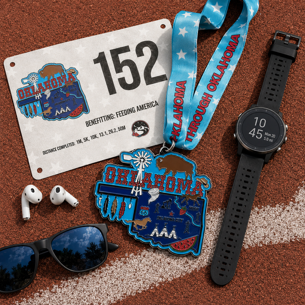 Virtualrunevent Race Through Oklahoma medal featuring a colorful Oklahoma map and race details for 5K, 10K, half marathon, and 50 mile challenge