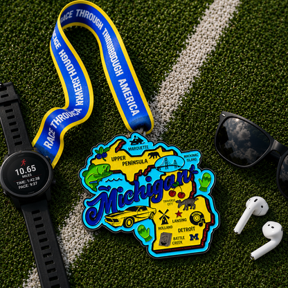 Virtualrunevent Michigan Virtual Race medal for 1 mile, 5K, 10K, half, and marathon, displayed alongside race bibs.