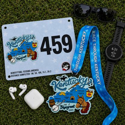Virtualrunevent Race Through Kentucky medal displayed on a flat surface, featuring intricate Kentucky-themed design and colorful accents.