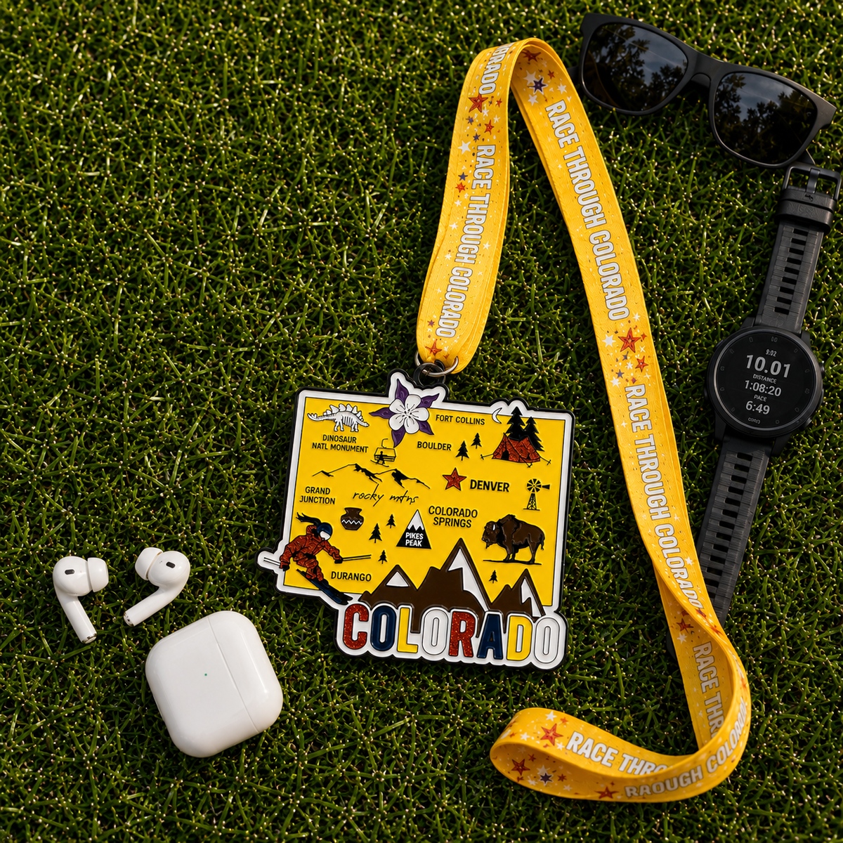 Virtualrunevent Colorado Race medal for 5K, 10K, Half Marathon, and 50 Mile Challenge, displayed with race bib and medal.