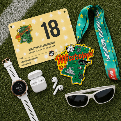 Medal for the Race Through Mississippi Virtual Race by virtualrunevent, featuring a colorful design and engraved race details.