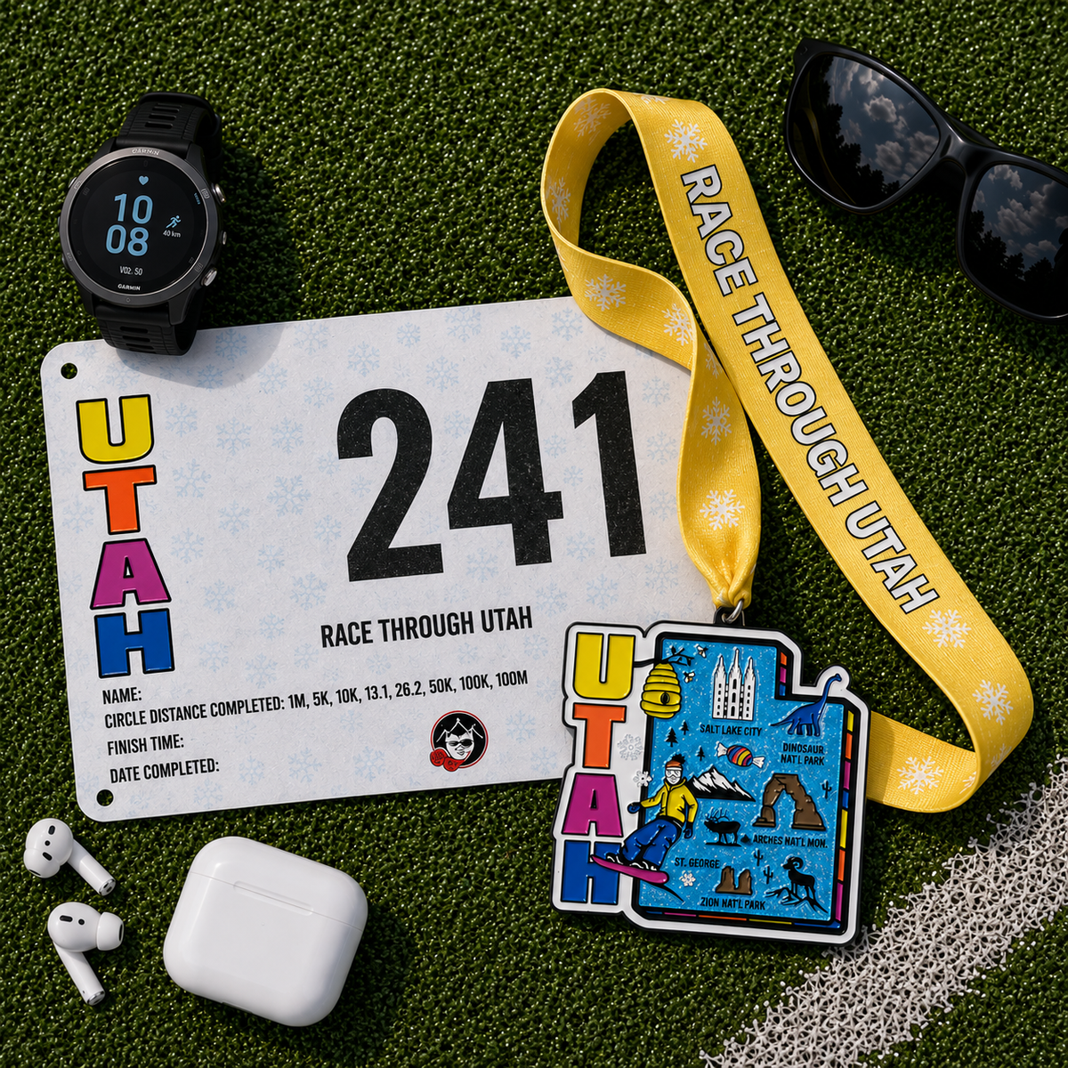 Virtualrunevent Race Through Utah virtual race medal with engraved design and colorful race bib laying flat.