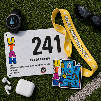 Virtualrunevent Race Through Utah virtual race medal with engraved design and colorful race bib laying flat.