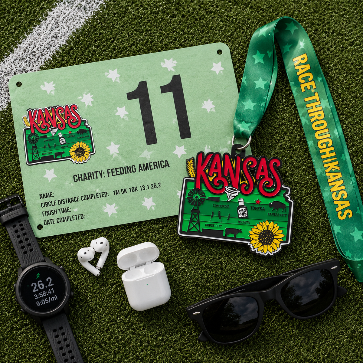 VirtualRunEvent Kansas Race medal for 5K, 10K, Half Marathon, and 50 Mile Challenge, shown flat with race bib in background.