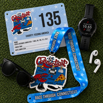 Virtualrunevent Connecticut Race medal for 5K, 10K, Half Marathon, and 50 Mile Challenge, displayed flat with race bib.