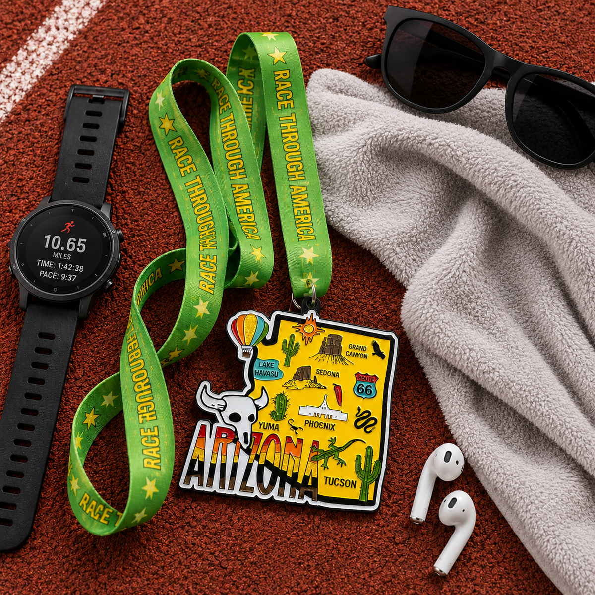 Virtualrunevent Arizona Race medal for 5K, 10K, half marathon, and 50-mile challenge, featuring colorful Arizona landscape design.