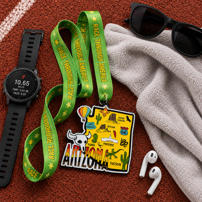 Virtualrunevent Arizona Race medal for 5K, 10K, half marathon, and 50-mile challenge, featuring colorful Arizona landscape design.