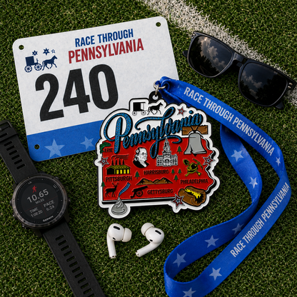 Virtualrunevent Pennsylvania Race medal for 5K, 10K, Half Marathon, and Marathon, featuring a colorful design with race details.