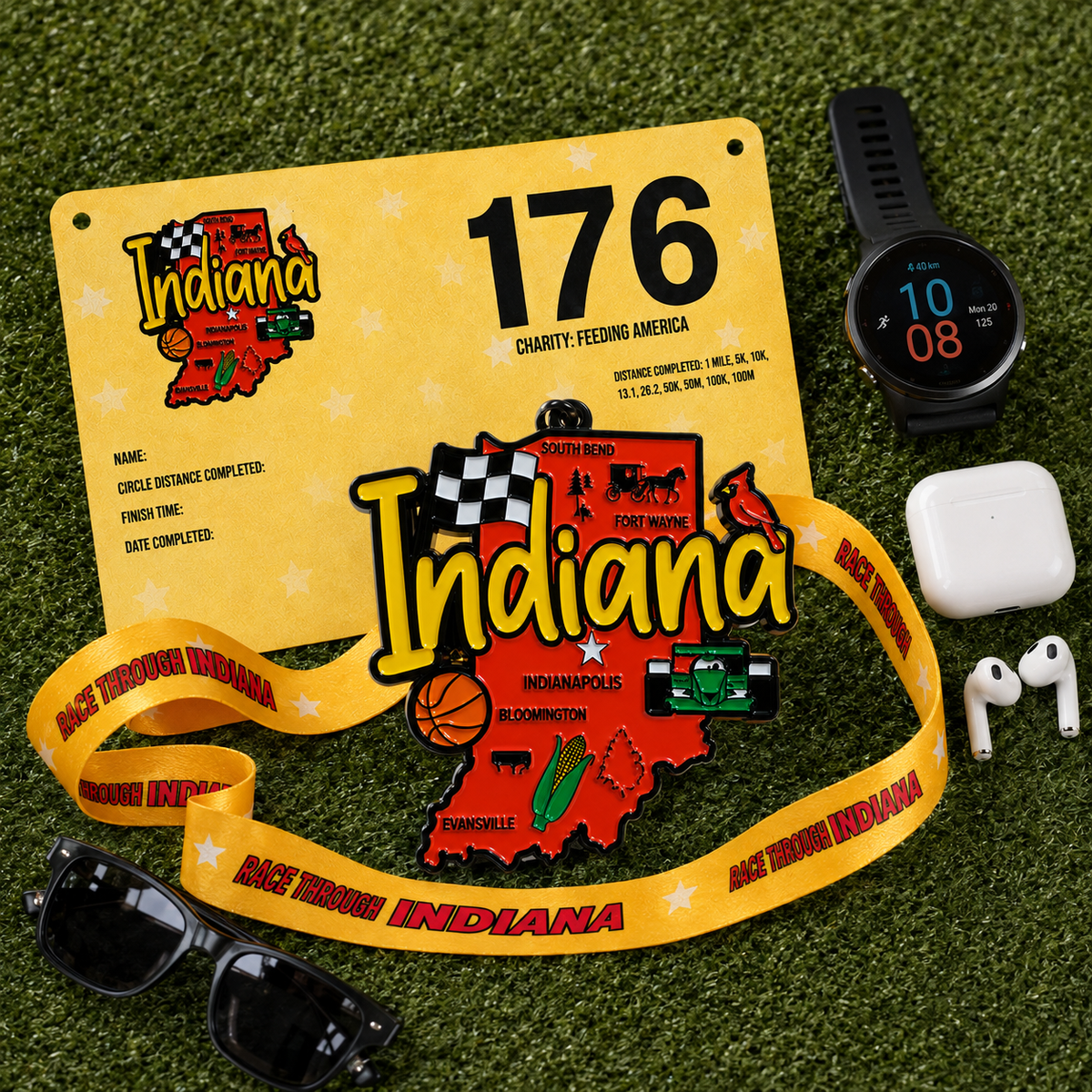Virtualrunevent Race Through Indiana medal for 5K, 10K, Half Marathon, and 50 Mile Challenge, showing a sleek race-themed design.