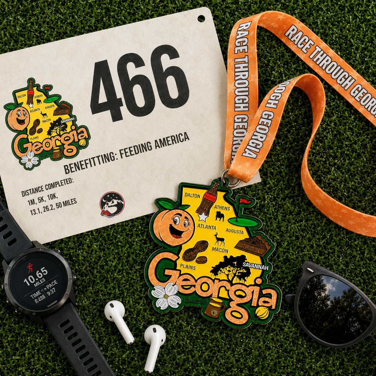 Virtualrunevent Race Through Georgia medal with colorful design, featuring race distances like 1M, 5K, and 10K on a flat lay image.