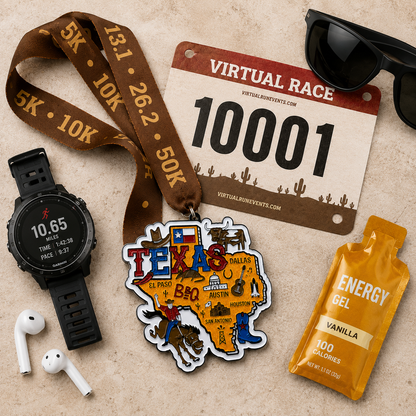 VirtualRunEvent Race Through Texas medal with colorful design, featuring event logo and race distance details, laid flat.