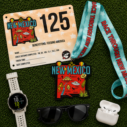 Virtualrunevent Race Through New Mexico medal featuring colorful design and engraved event details for 5K, 10K, half marathon, and 50-mile challenge