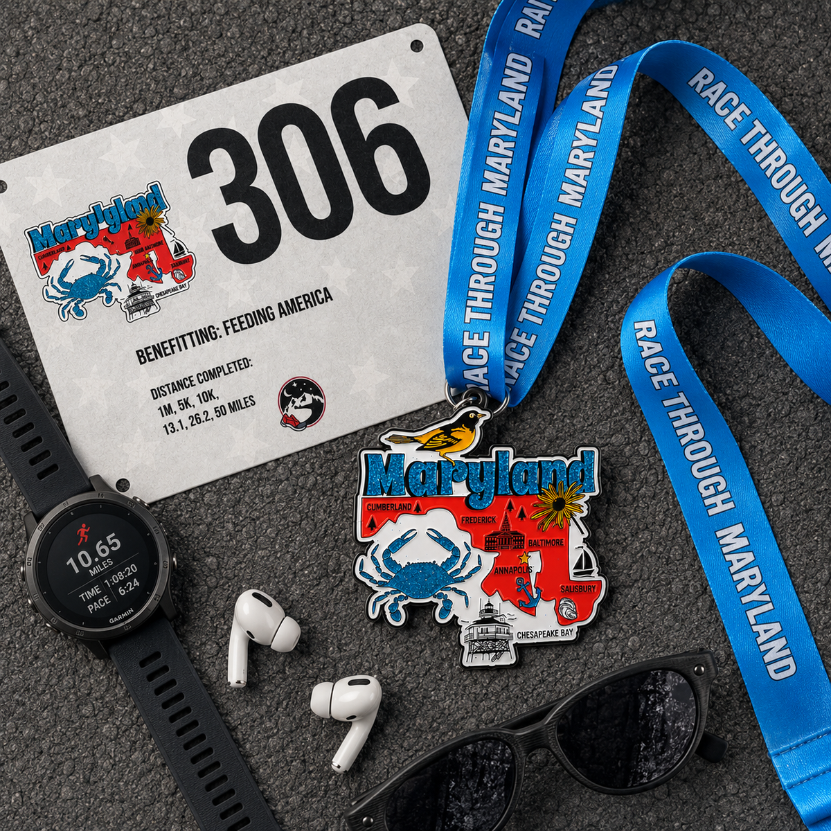 Virtualrunevent Maryland Race medal for 5K, 10K, half marathon, or 50-mile challenge, featuring a colorful design and race details.