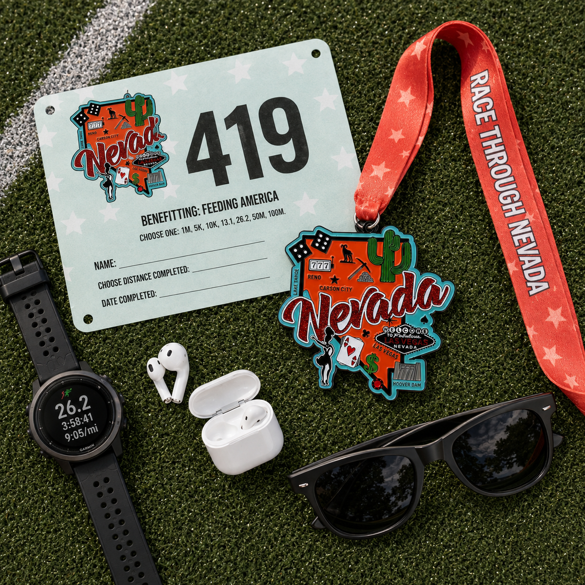 Virtualrunevent Nevada Race medal for 5K, 10K, half marathon, and 50 mile challenge, featuring vibrant design and engraved details.