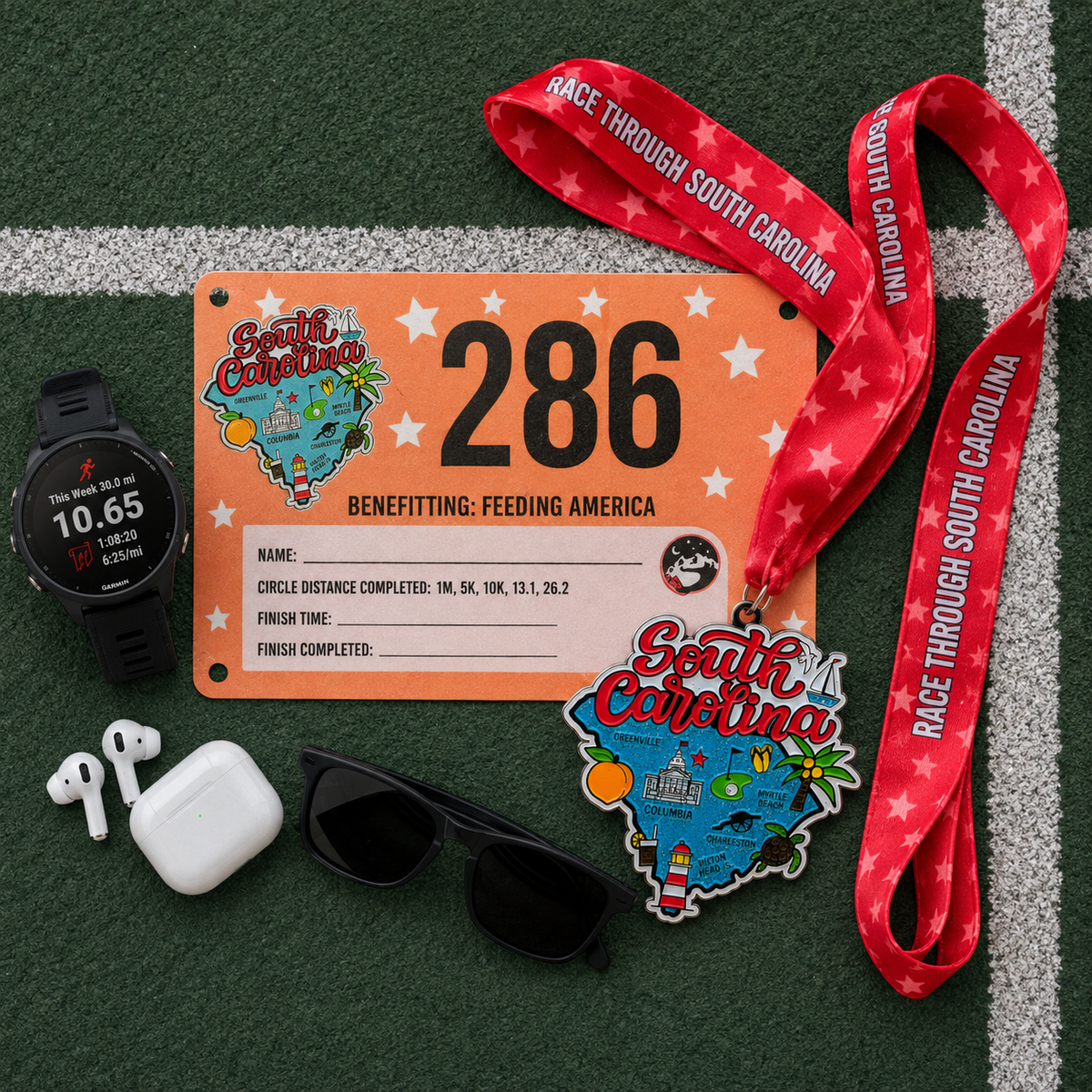 Virtualrunevent Race Through South Carolina medal with race bib, featuring colorful design for 5K, 10K, half marathon, and marathon finisher.