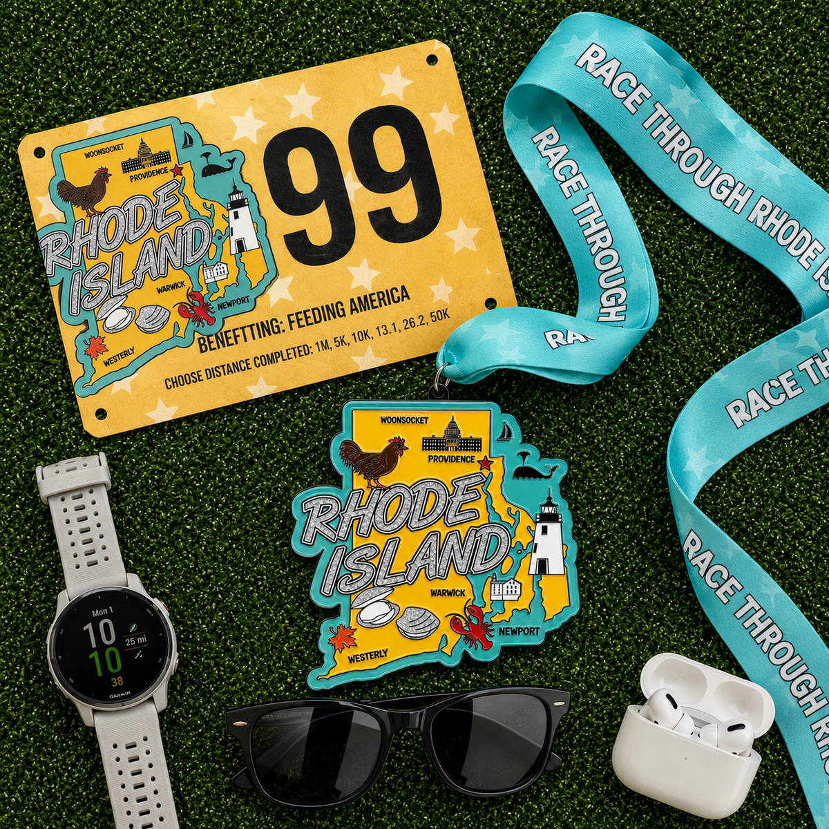 Virtualrunevent Race Through Rhode Island medal with race bib design for 5K, 10K, half marathon, and marathon virtual race.