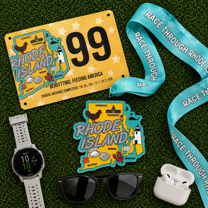 Virtualrunevent Race Through Rhode Island medal with race bib design for 5K, 10K, half marathon, and marathon virtual race.