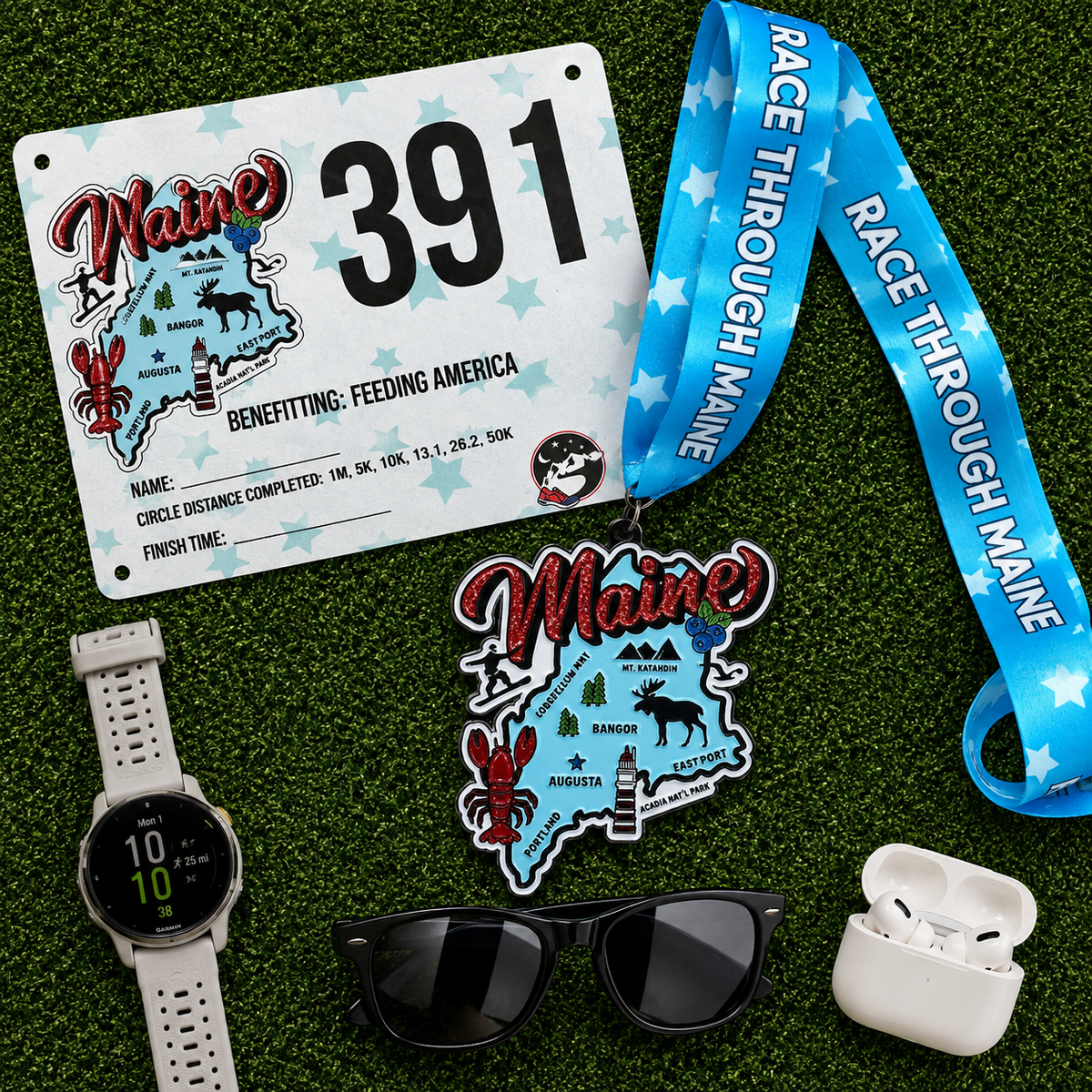 Virtualrunevent Race Through Maine medal for 5K, 10K, Half Marathon, and 50 Mile Challenge, displayed flat with race bibs.