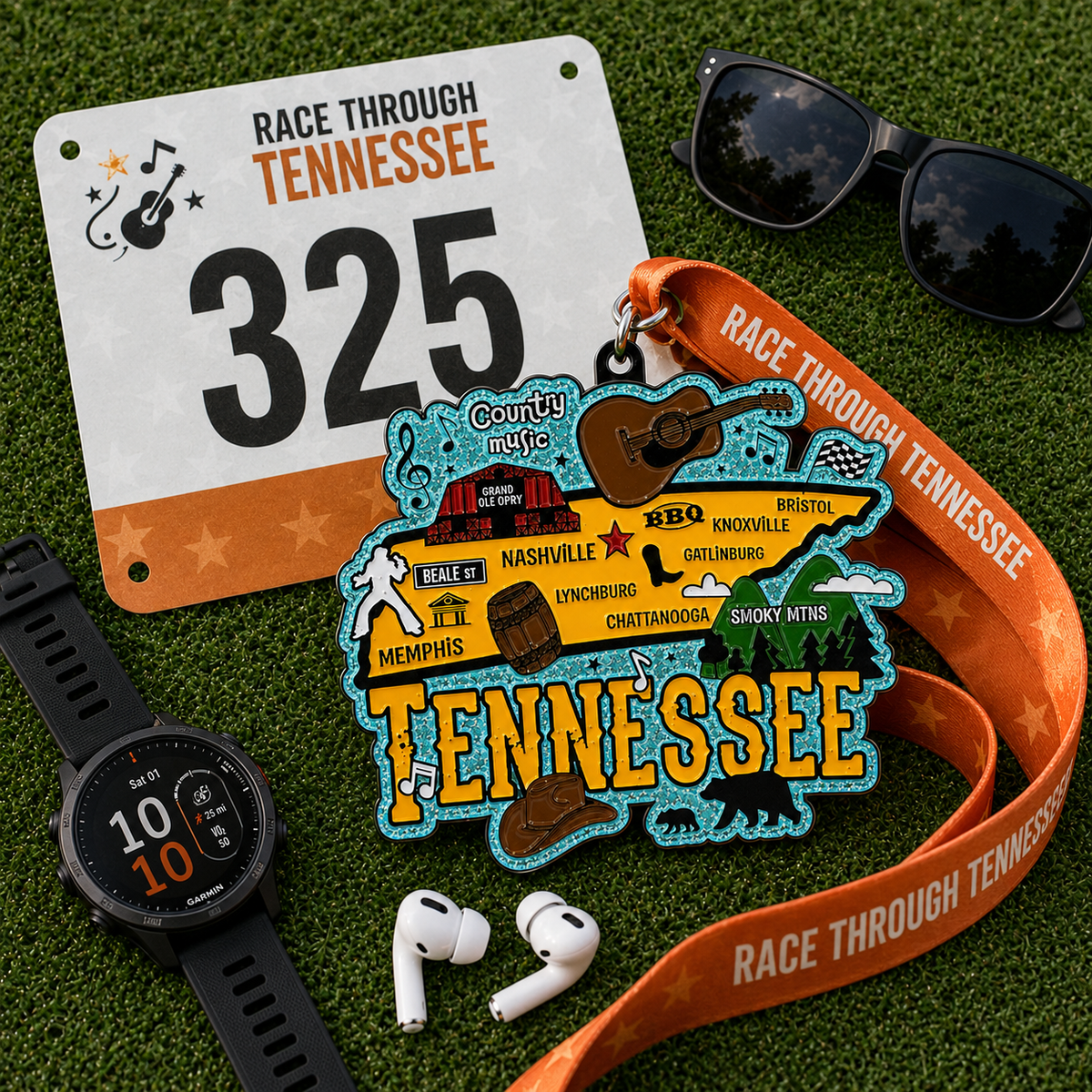 Virtualrunevent Race Through Tennessee medal with colorful Tennessee map design for 5K, 10K, half marathon, and marathon finisher.