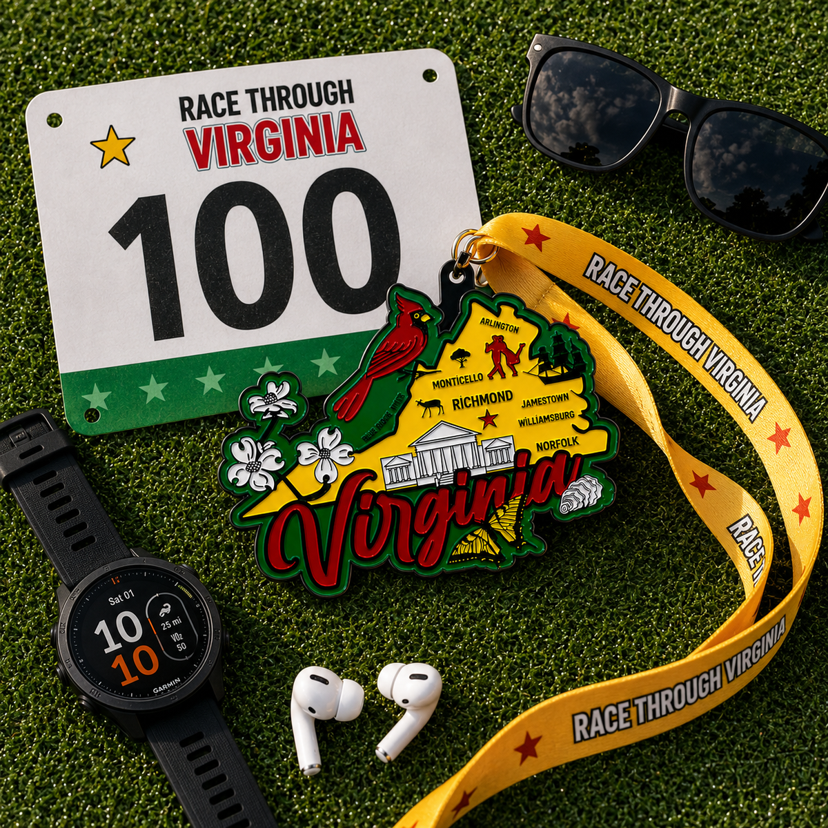 Virtualrunevent Virginia Race medal for 5K, 10K, half marathon, and marathon, featuring a colorful design and event branding.