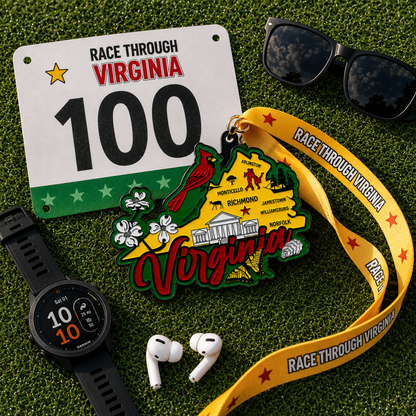 Virtualrunevent Virginia Race medal for 5K, 10K, half marathon, and marathon, featuring a colorful design and event branding.