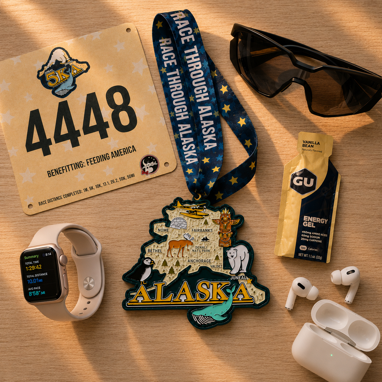 Alaska running medal from virtual race event, featuring race bib with map and event details for virtual 5K to 50-mile race.