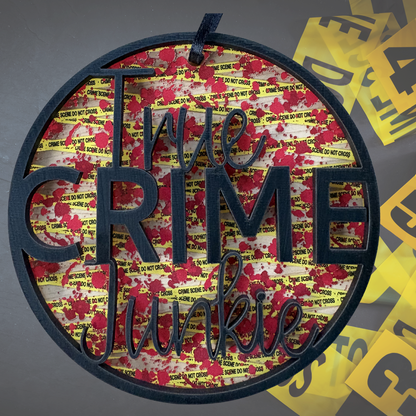 Layered wood and acrylic True Crime Junkie ornament, 3.75 inch, featuring crime scene decor design.