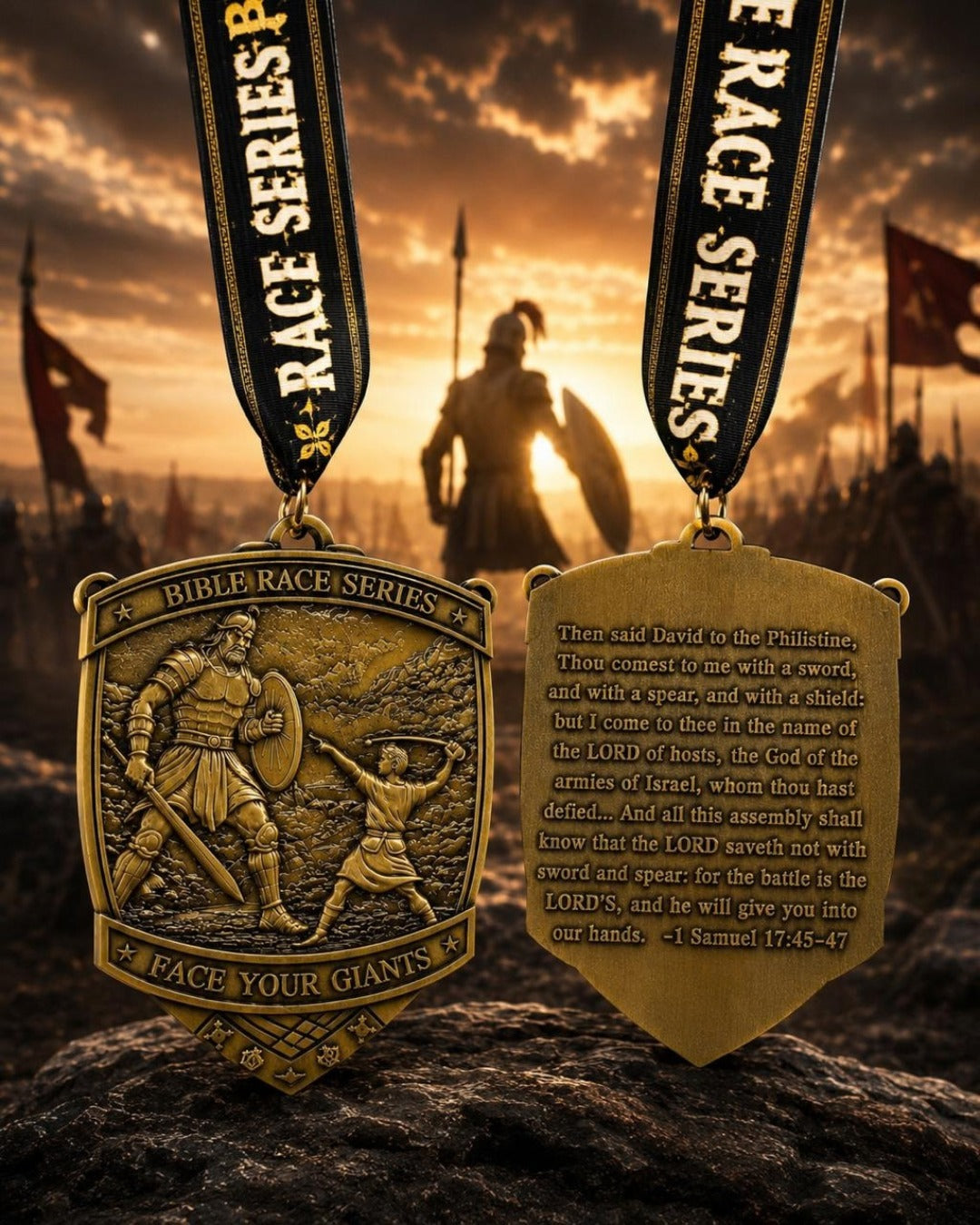 Christian virtual run medal for Face Your Giants Race 2026 by virtualrunevent, featuring a detailed design and engraved text.