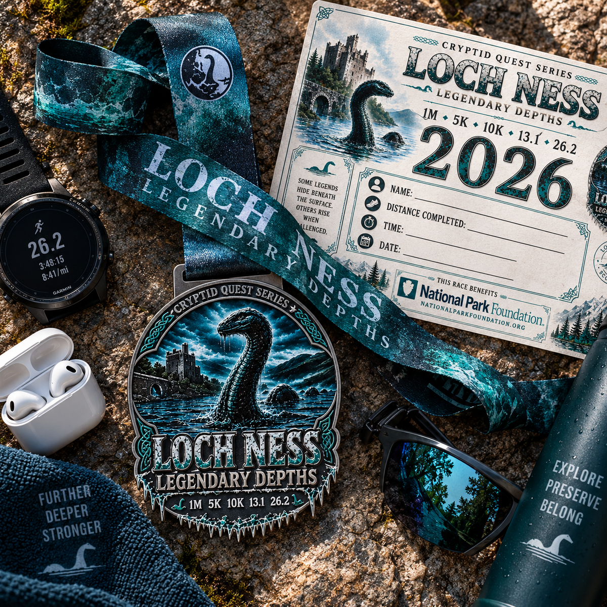 Loch Ness Legendary Depths virtual race medal from Cryptid Quest Series by virtualrunevent, featuring mythical Loch Ness scene.