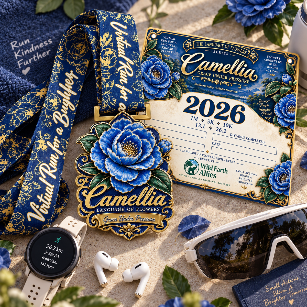 Camellia Virtual Race 2026 logo on a digital race bib with event details for virtualrun event by virtualrunevent.
