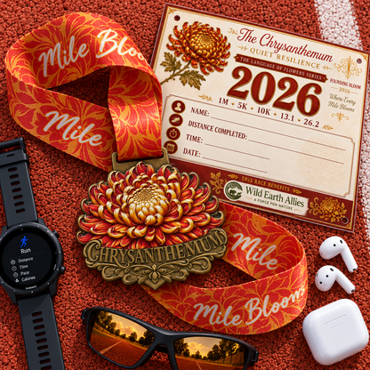 Chrysanthemum Virtual Race logo for 5K, 10K, Half Marathon, and Marathon flower challenge by virtualrunevent.
