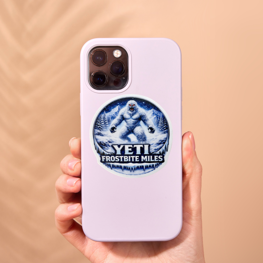 Yellow Yeti medal sticker from VirtualRunEvent featuring a cartoon Yeti character on a circular background.