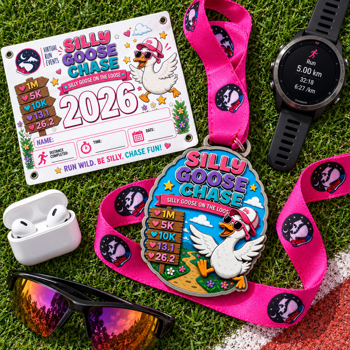Silver Silly Goose Chase virtual race medal featuring a colorful goose design, available for 1M, 5K, 10K, half and full marathons.