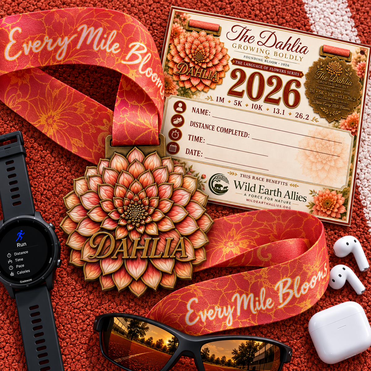 Dahlia Virtual Race medal featuring vibrant flower design for 5K, 10K, Half Marathon, and Marathon challenges by virtualrunevent