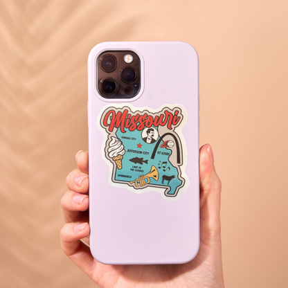 Missouri-themed virtualrunevent medal sticker featuring the state outline and design elements on a white background.