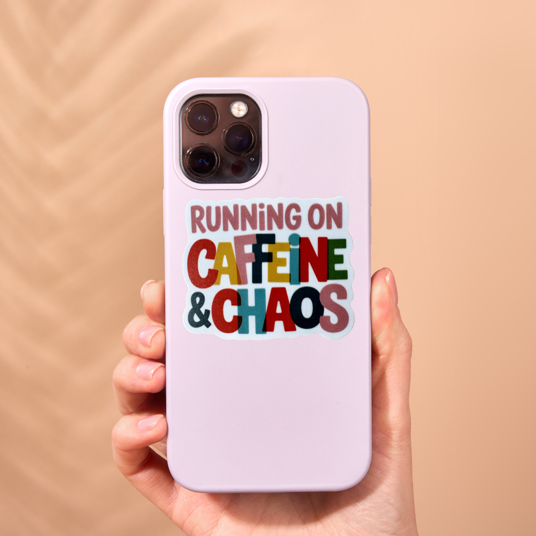 Virtualrunevent running on caffeine and chaos medal sticker with colorful design and motivational text.