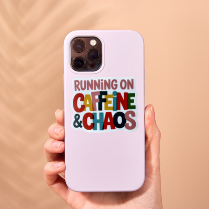 Virtualrunevent running on caffeine and chaos medal sticker with colorful design and motivational text.