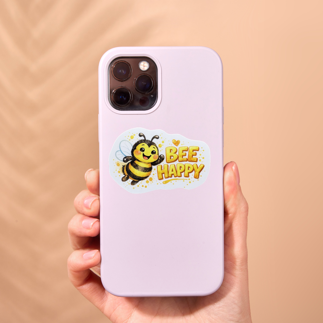 Bee Happy medal sticker featuring a colorful bee design, ideal for decorating or collecting.